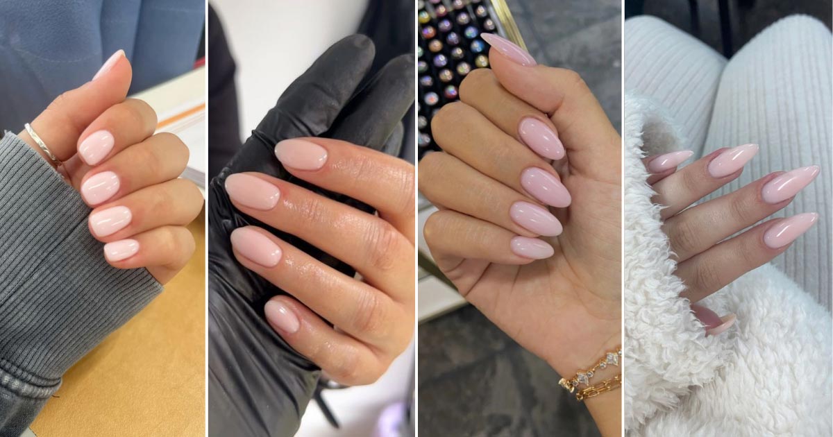 Four images side by side, two show BIAB on natural nails whilst the other two show BIAB as nail extensions