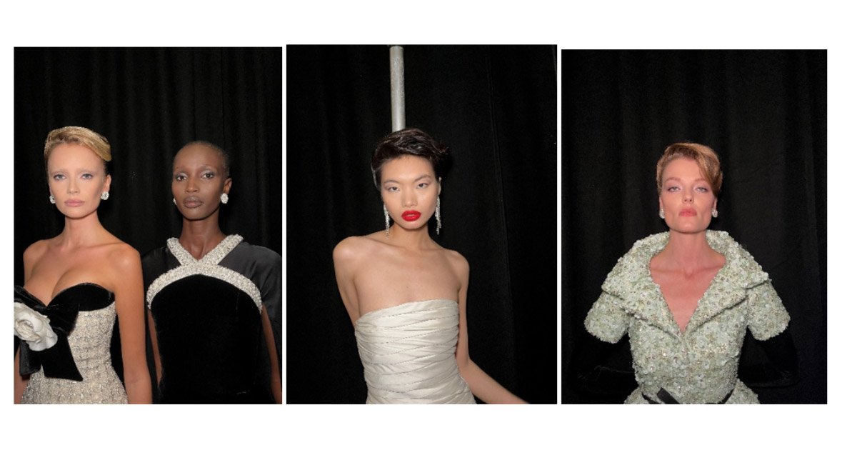 Models posing backstage before the runway show at London Fashion Week 2025