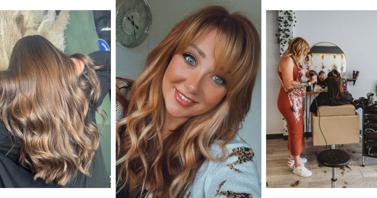 Hannah Rancic styling a client’s hair in a salon, along with examples of her hairstyling work.