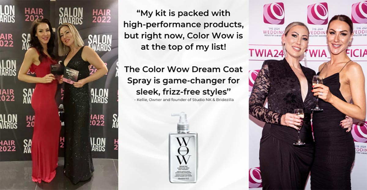 Kellie owner of Studio NK and Bridezilla quote with Color Wow Dream Coat Spray