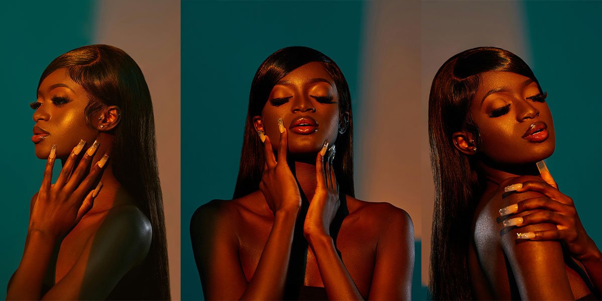 Three images of a woman posing with a focus on her nails which have gems adorning them