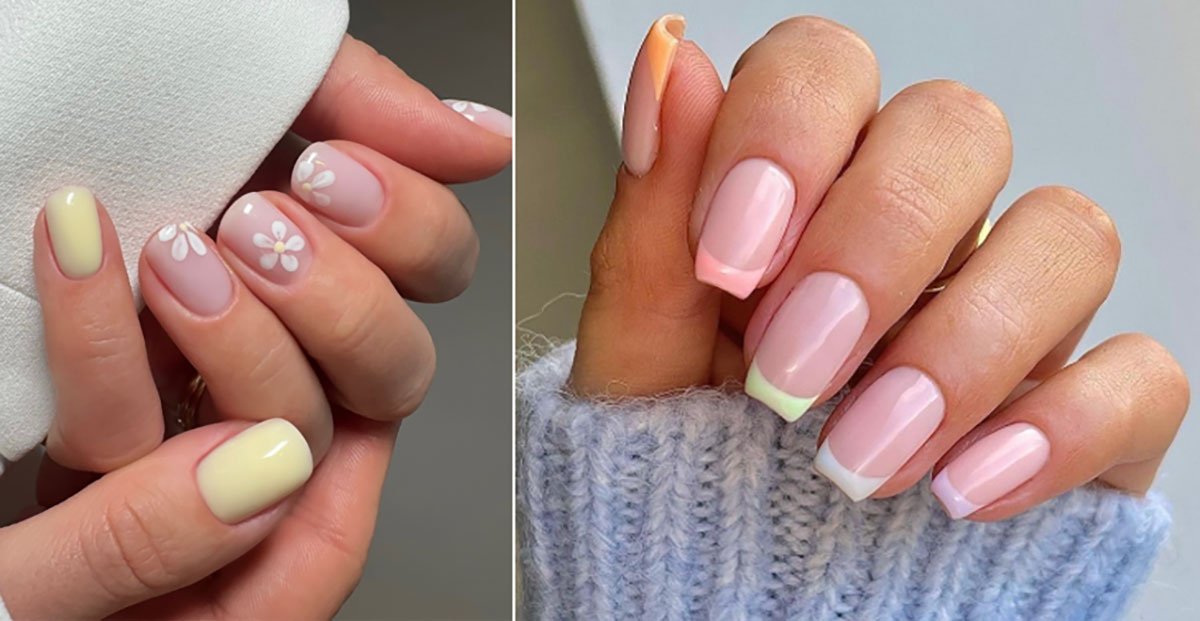 A side-by-side comparison of two pastel manicures: the left shows short square nails with pale yellow polish and white daisy floral art, while the right features square nails with a multi-coloured pastel French tip design. 