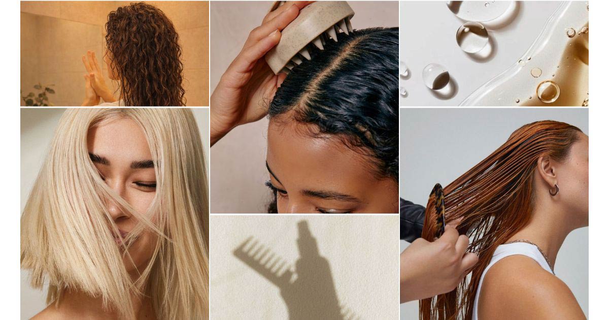 A collage of hair care images featuring scalp brushes, combs, and oils
