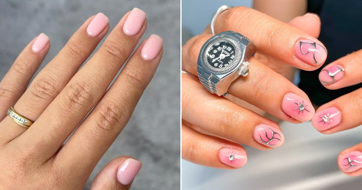 Simplistic BIAB nails with chrome detailing on top