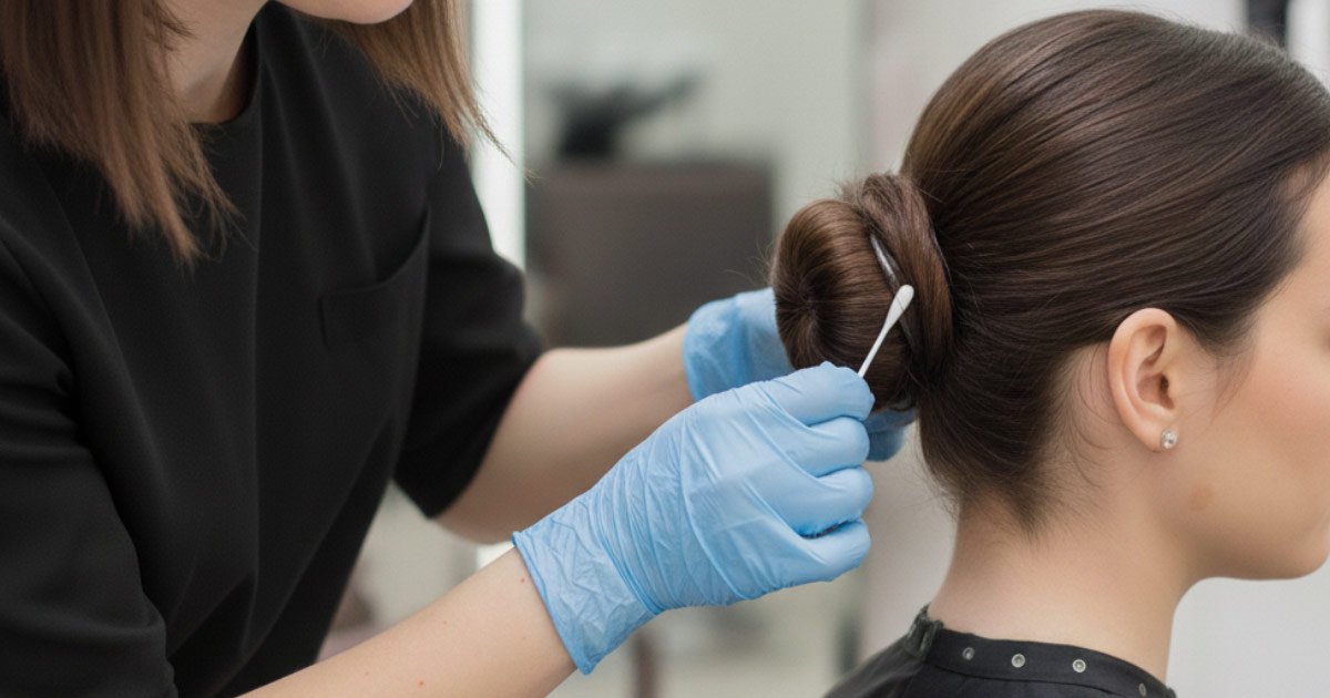 A hairdresser wearing blue gloves performs a patch test by applying a cotton swab behind a client's ear.