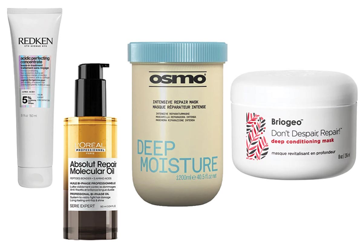 Assorted hair repair treatments, oils, and deep conditioning masks displayed on a white background.
