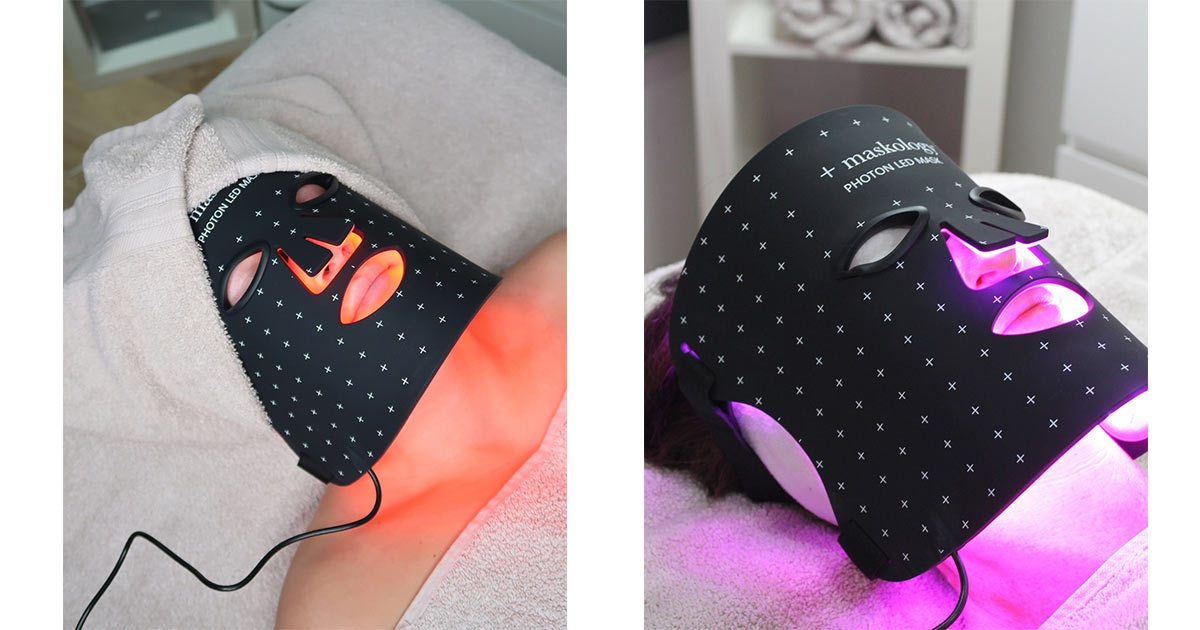 Two images of the mask in use, one with the orange light and the other with the purple