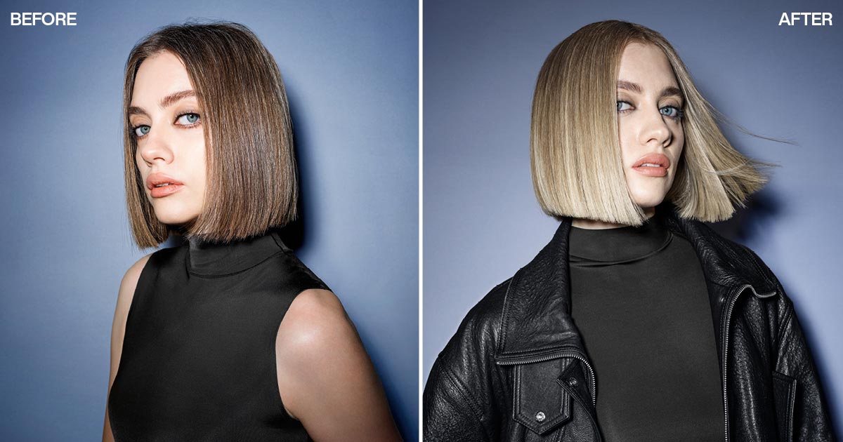 Before and after image of a model with a bob going from a medium brown shade to a baby blonde shade