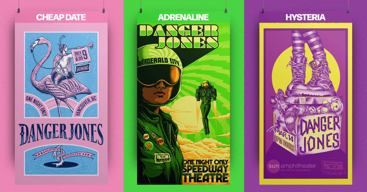 Three vertical concert posters for